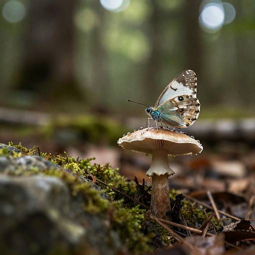 Turquoise Eyed Butterfly on Dewy Mushroom