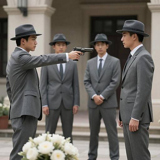Four Men in Gray Suits with Gun Confrontation