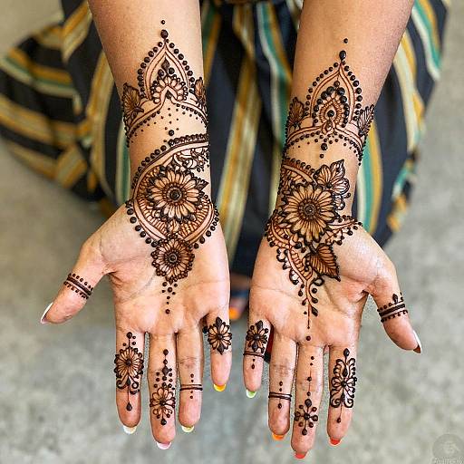 Intricate Henna Hands with Multicolor Nails