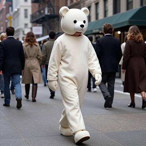 Photograph of a person in a white bear costume walking on a city street, surrounded by pedestrians in winter clothing.