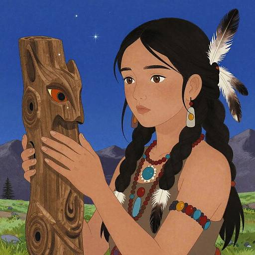 Digital illustration of a young Native American woman with black braids and feathered hair, examining a wooden totem pole against a blue night sky and mountain