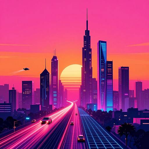 Neon-lit futuristic cityscape at sunset, vibrant pink and orange sky, skyscrapers with glowing blue and pink lights, light trails on busy