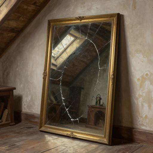 Photograph of a large, gold-framed mirror with a cracked glass, leaning against a rustic, wooden attic wall with sunlight streaming in.