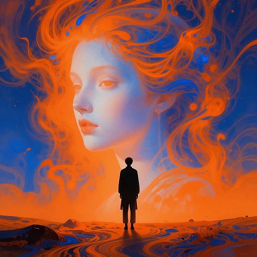 Digital art: Silhouetted figure stands before a massive, glowing, ethereal face with fiery orange and blue swirls in a surreal landscape.