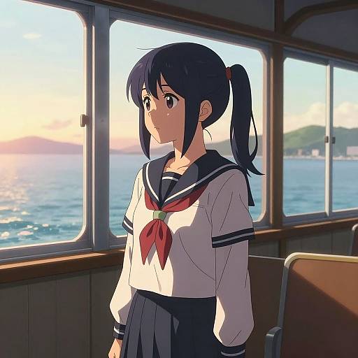 Anime Girl in Sailor Uniform at Sunset