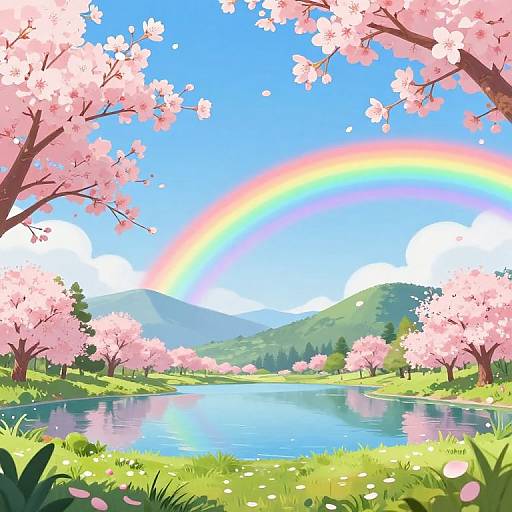 Digital artwork of a vibrant spring landscape with pink cherry blossoms, a rainbow, blue sky, reflecting pond, green hills, and lush grass.