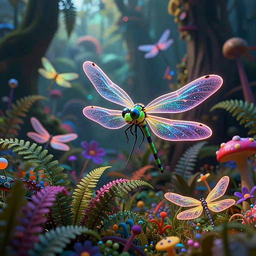 Vibrant CGI fantasy forest scene with glowing, iridescent dragonflies hovering above colorful, multicolored flowers and ferns, bathed in