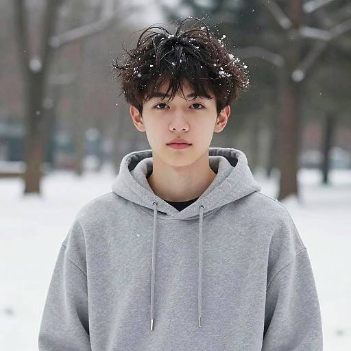 Photograph of an East Asian teenage boy with messy black hair, wearing a gray hooded sweatshirt, standing in a snowy park with blurred trees in