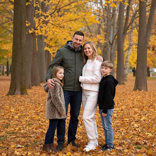 Photograph of a smiling family in autumn park: father in green jacket, mother in white outfit, daughter in leopard coat, son in black hoodie,