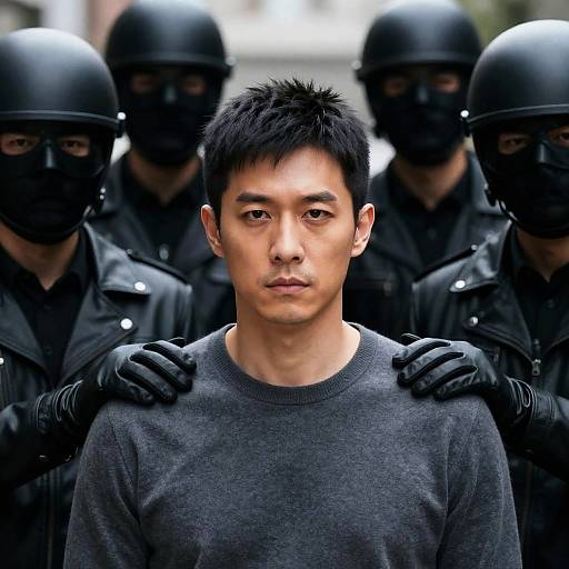 Serious Asian Man Surrounded by Masked Figures