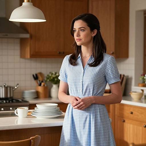 Photorealistic CGI of a fair-skinned woman with straight brown hair, wearing a blue checkered dress, standing in a warm-toned kitchen with