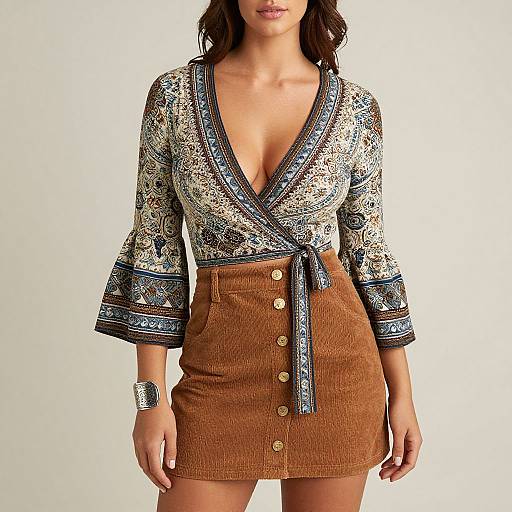 Photograph of a woman wearing a deep V-neck, patterned blouse with blue trim and brown, buttoned, high-waisted skirt. White