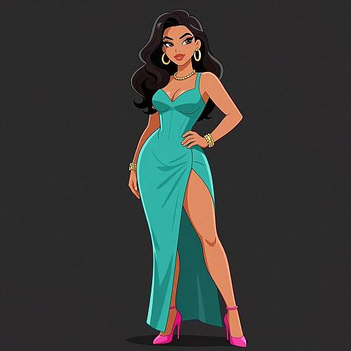 Glamorous Woman in Teal Dress Cartoon
