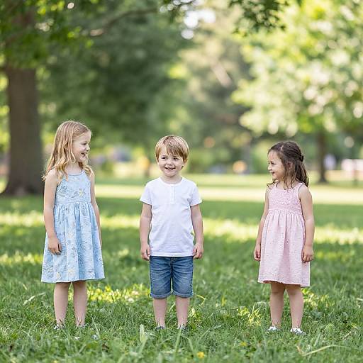 Photograph of three children, two girls and one boy, standing on green grass in a sunlit park, smiling at each other.