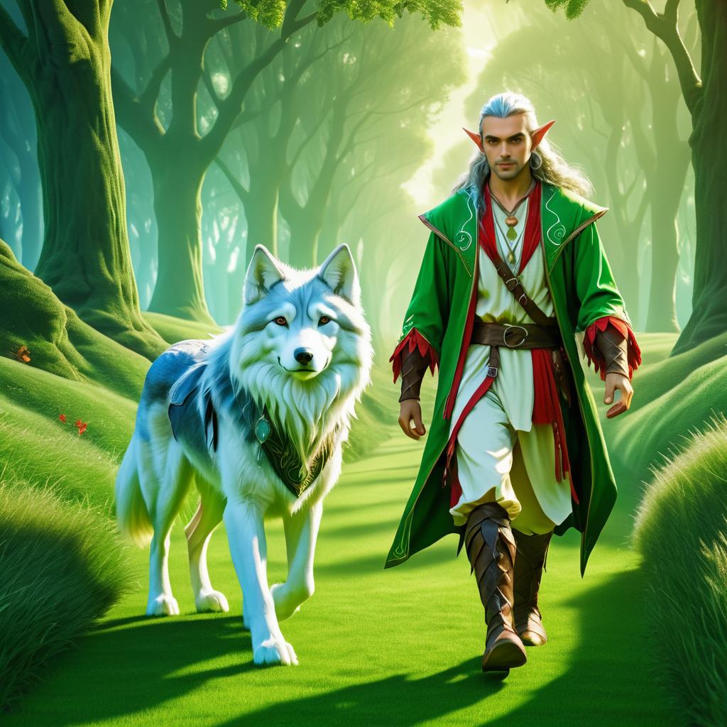 Mystical Elf and Loyal Wolf in Fantasy Scene