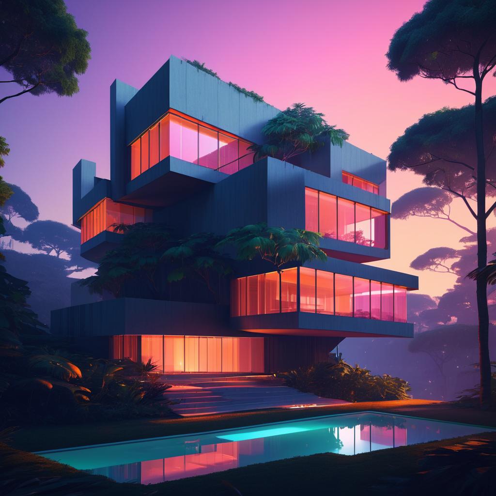 Luxurious Brutalist House at Sunset