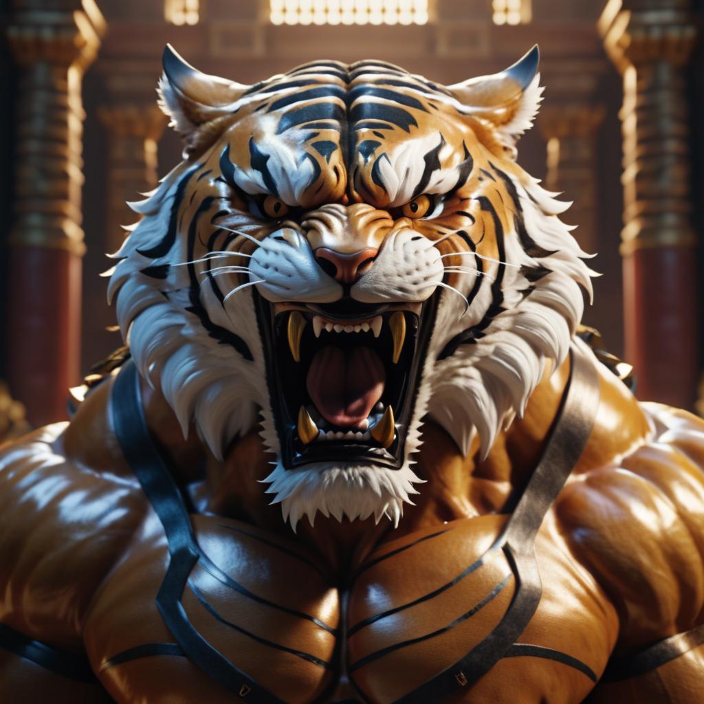 Muscular Tiger Roaring in Ancient Temple