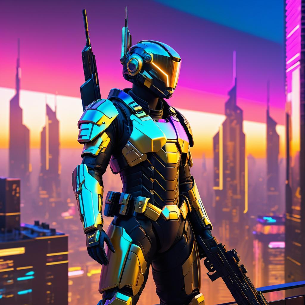 Elegant Futuristic Soldier at Sunset