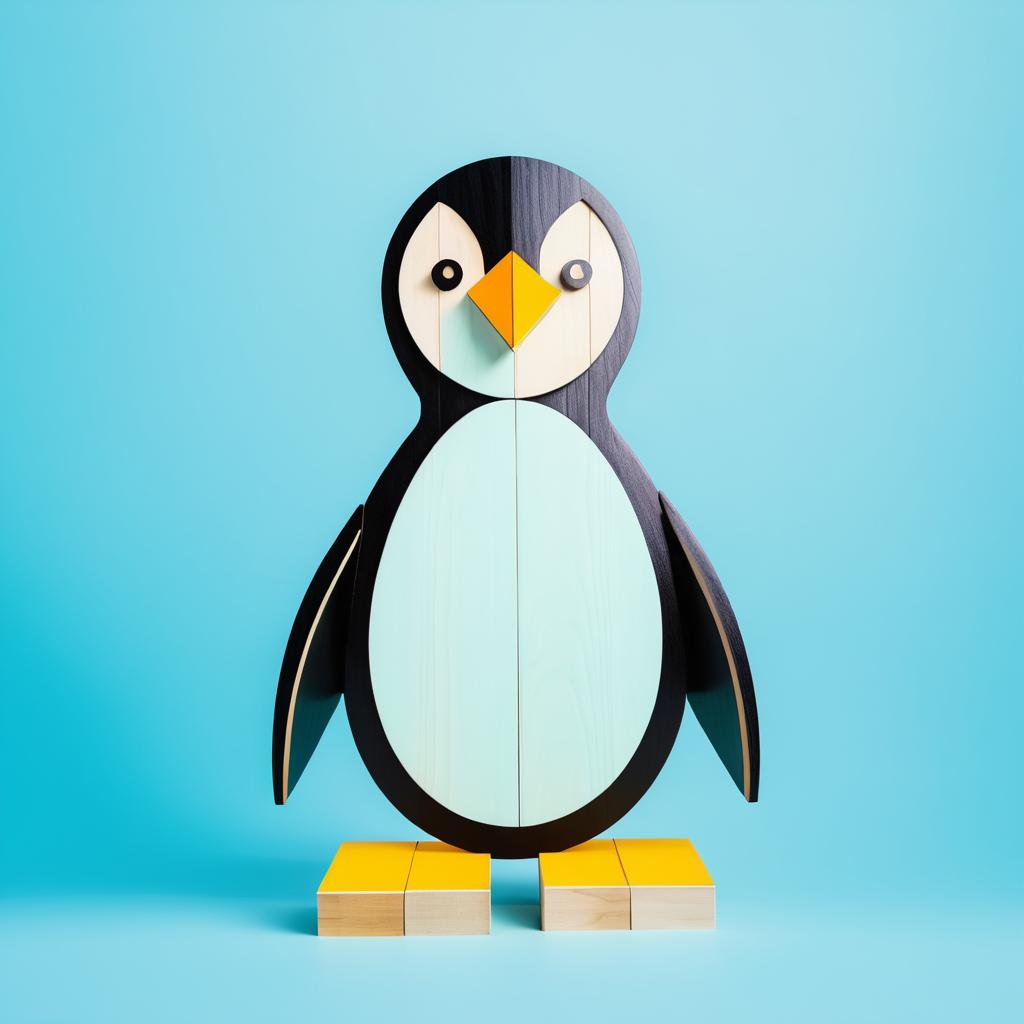 Wooden Block Penguin on Cyan Background