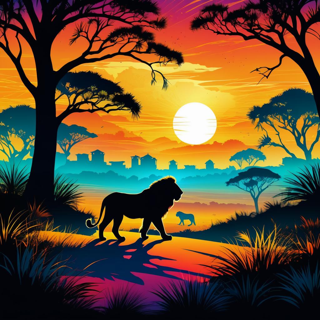 Surreal Lion Silhouette with Savannah Scene