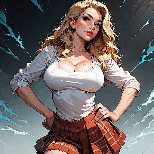 Confident Blonde Woman in Plaid Skirt