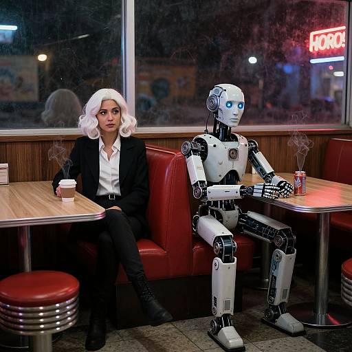 Photograph of a human woman with white curly hair in a black suit, and a white robot with blue eyes, sitting in a retro diner, both