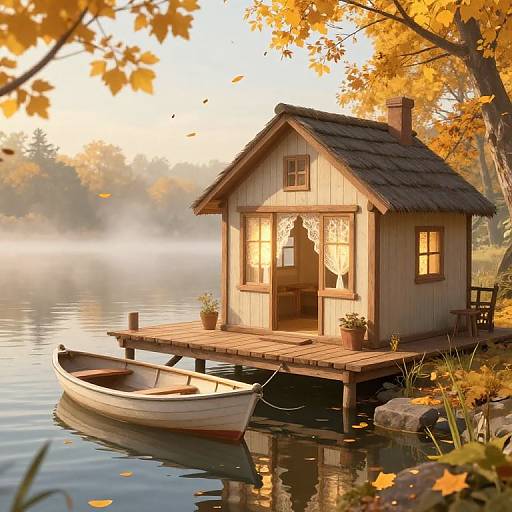 Cozy Lakeside Autumn Cottage Scene