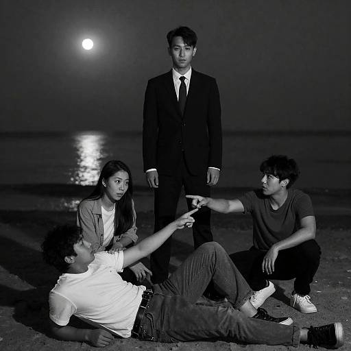 Night Beach Scene in Black and White