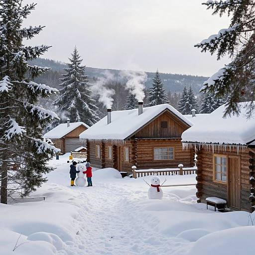 Photograph of a snowy log cabin village with three wooden houses, smoke rising from chimneys, four people in winter clothes, surrounded by snow-covered pine