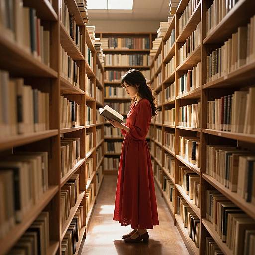Photograph of a woman with long black hair in a red dress, standing in a dimly lit library aisle, reading a book, surrounded by tall