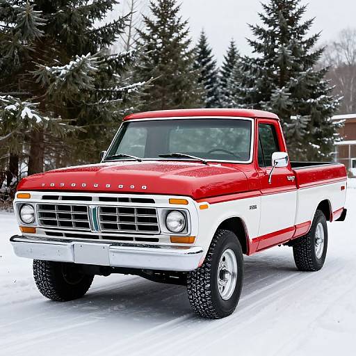 Photograph of a vibrant red and white 1970s Ford pickup truck with large black tires, driving on a snowy road surrounded by snow-covered ever