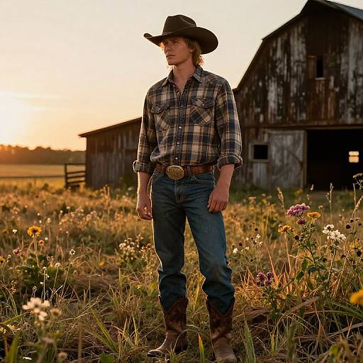 Photograph of a young man in a cowboy hat, plaid shirt, and jeans standing in a sunlit, wildflower-filled field in front of
