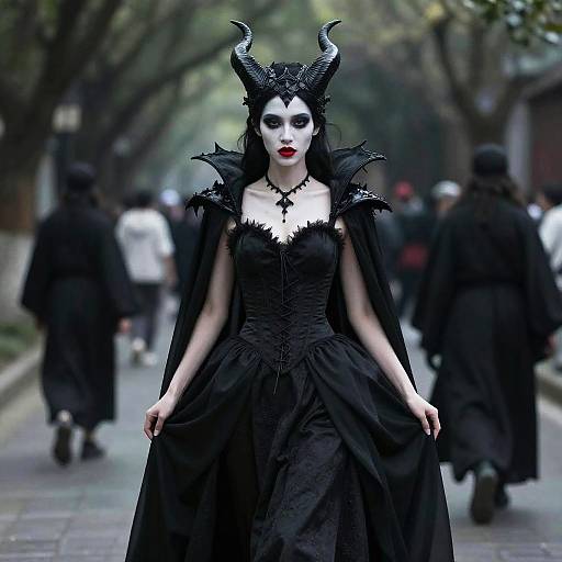 Photograph of a pale woman in black, gothic dress with horned mask, red lips, and black cape, walking on a blurred, tree