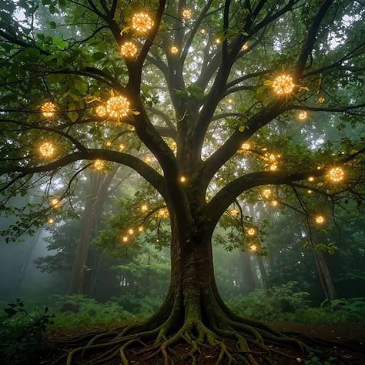 Majestic Tree with Glowing Orbs in Misty Forest