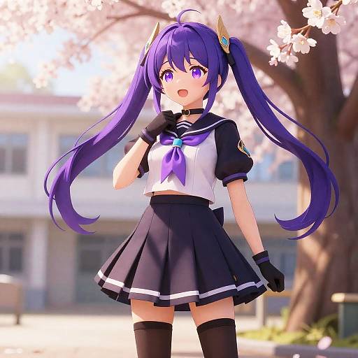 Anime Girl in School Uniform with Cherry Blossoms