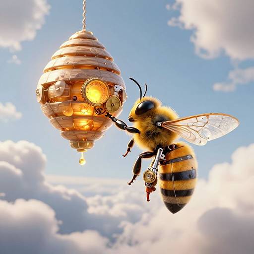 Photorealistic CGI of a honeybee with translucent wings hovering near a glowing, intricate, wooden honey jar against a blue sky with fluffy clouds.