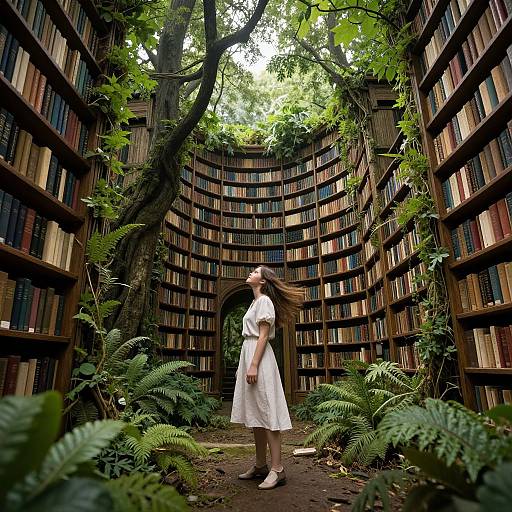Photograph of a young woman in a white dress, standing amidst lush ferns, in a circular, tree-surrounded library with tall, wooden book