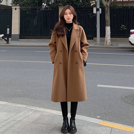 Photograph of an Asian woman with long brown hair, wearing a brown knee-length coat, black turtleneck, black pants, and black boots,