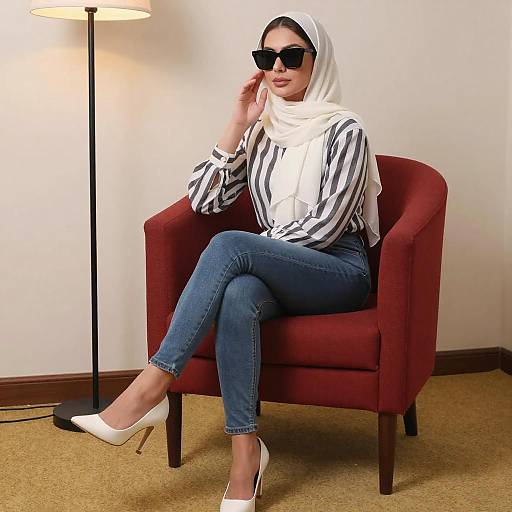 Stylish Woman in White Hijab Sitting