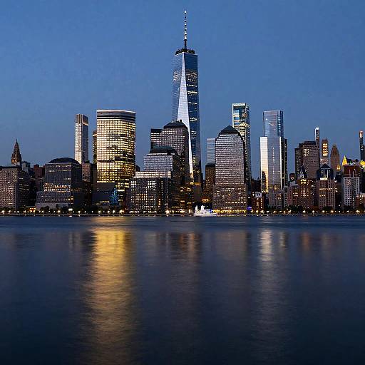 Photograph of New York City's skyline at dusk, featuring illuminated skyscrapers, including the One World Trade Center, with a calm reflective water foreground