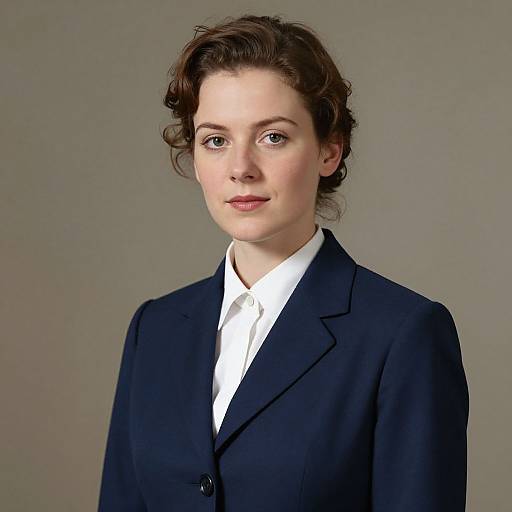 Photograph of a fair-skinned woman with curly brown hair, wearing a navy blue blazer and white shirt, against a plain gray background.