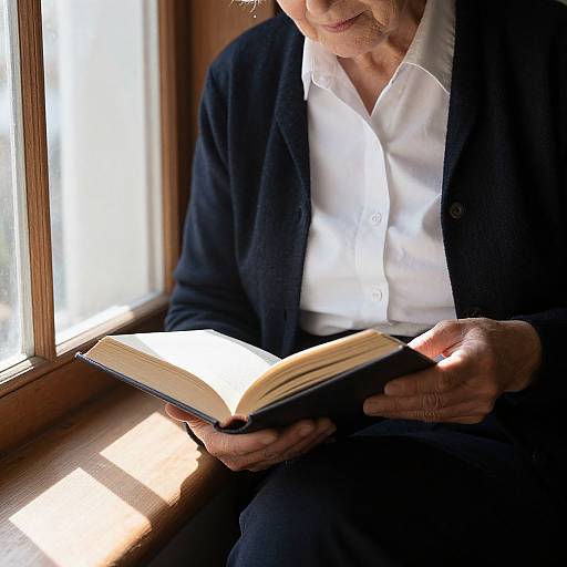 Photograph of an older person with wrinkled hands, wearing a black blazer over a white shirt, reading a book by a sunlit window.