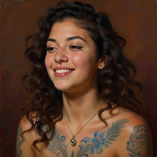 Photorealistic portrait of a smiling woman with curly brown hair, tattoos on her shoulders, wearing a gold necklace, against a brown background.