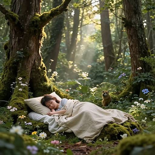 Photograph of a sleeping woman in a white blanket, surrounded by forest flowers and sunlight filtering through trees, with a small squirrel nearby.