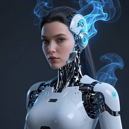 CGI image of a futuristic woman with pale skin, black hair, and glowing blue smoke from her robotic ear, wearing a white and black cybernet