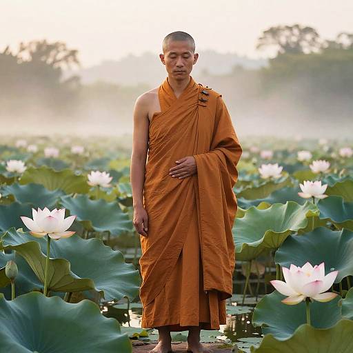 Meditative Monk in Lotus Pond at Dawn