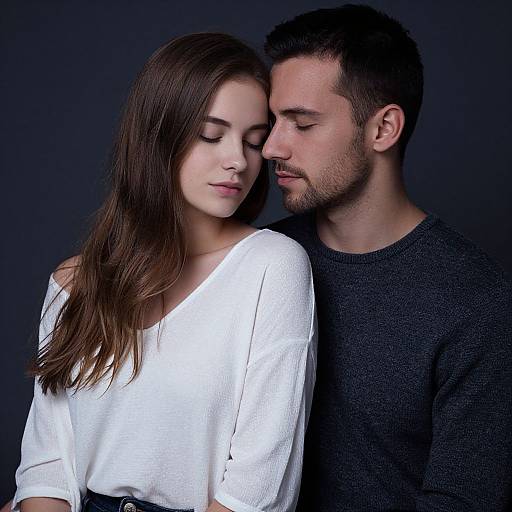 Photograph of a young couple with closed eyes, leaning together; she wears a white blouse, he wears a dark sweater, against a dark background.