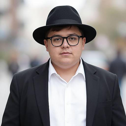 Photograph of a young man with fair skin, black bowler hat, black-rimmed glasses, black suit, and white shirt, standing in