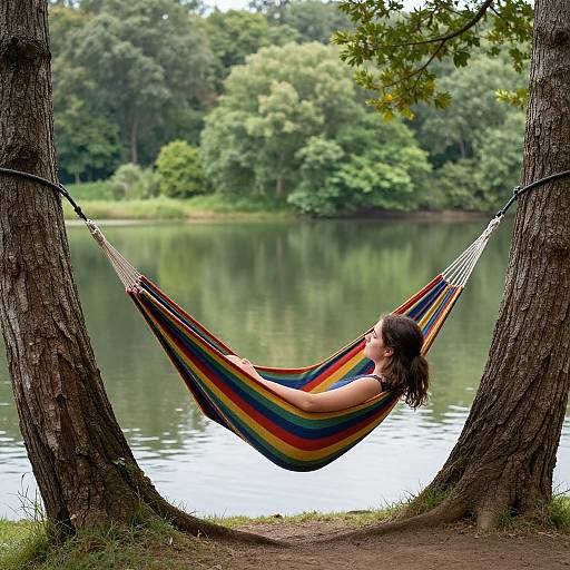 Woman Relaxing in Rainbow Hammock