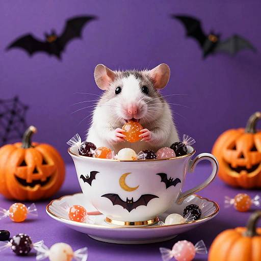 Happy Rat in Halloween Teacup with Candy